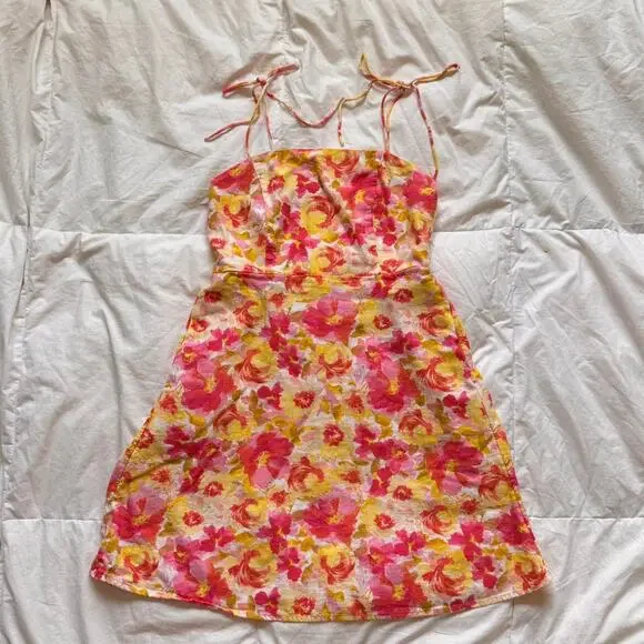 old navy sz XS Cottagecore linen babydoll floral mini dress stappy pockets - Picture 4 of 8